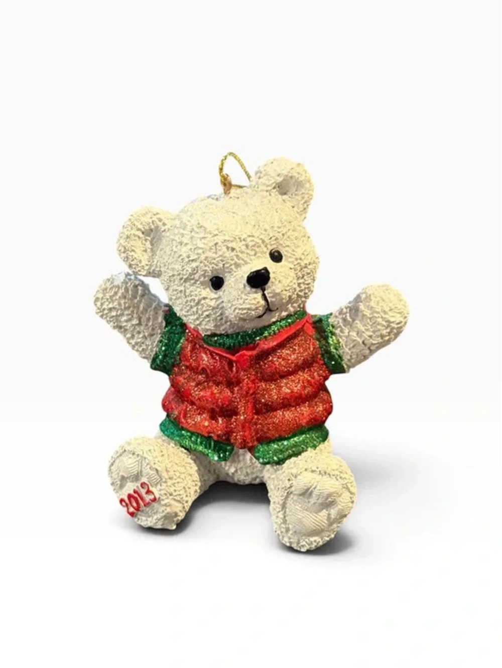 2013 Christmas Teddy Bear Ornament Red Green Glitter Holiday Decor.